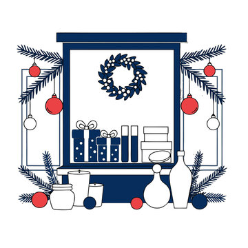 Festive Christmas window display with gift boxes, holiday wreath, pine branches, and colorful baubles in a clean minimalist vector style
