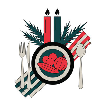 Festive Holiday Dinner Table Setting Illustration with Plate, Cutlery, Candles and Decorative Greenery