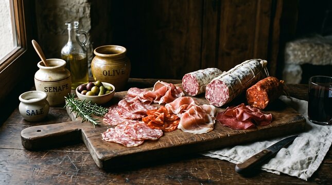Rustic Charcuterie Board with Assorted Cured Meats, Olives, and Condiments.