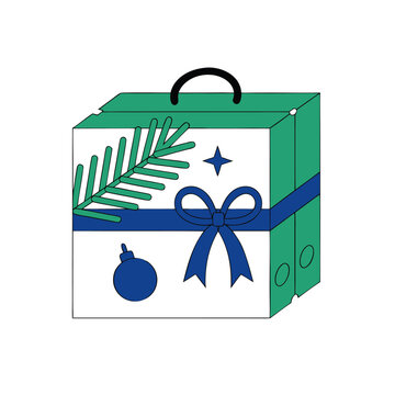 Green and white Christmas gift box with blue ribbon bow, pine branch, and bauble ornament vector illustration
