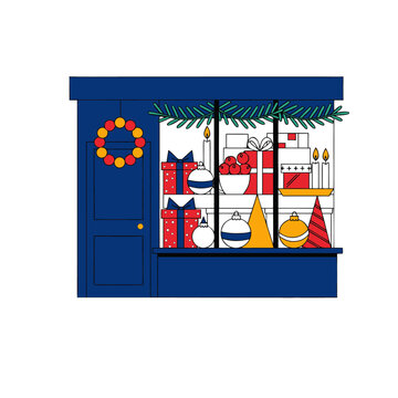 Festive blue storefront illustration with Christmas decorations, holiday gifts, ornaments and a colorful wreath on the door