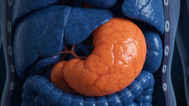 Medical illustration of splenomegaly showcasing a massively enlarged glowing orange spleen pressing against the surrounding deep blue internal organs.
