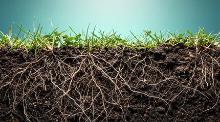 Obraz premium Plant roots and soil cross section showing green grass blades against blue background