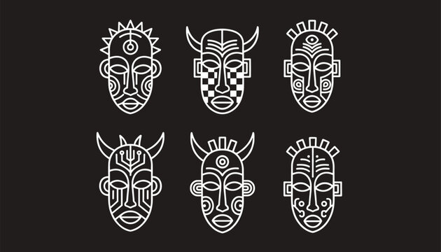Collection of traditional tribal masks drawn in white outline style over a dark black minimalist background.