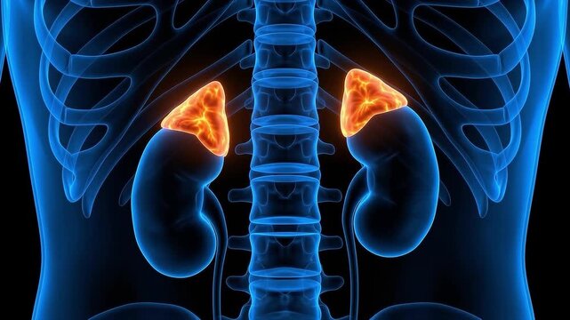 Medical illustration of glowing orange adrenal glands on top of deep blue kidneys representing high cortisol stress hormones and endocrine system.