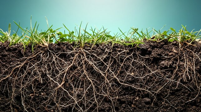 Plant roots and soil cross section showing green grass blades against blue background