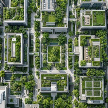 Green Metropolis: An aerial view showcases a harmonious blend of modern architecture and lush greenery, with buildings featuring rooftop gardens and trees integrated into the urban landscape.