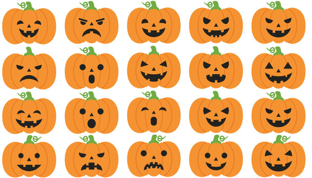 Grid of twenty funny and scary halloween jack-o-lantern pumpkins with various expressions on a white background.