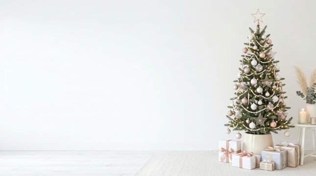 Festive Christmas Tree with Gifts: A beautifully decorated Christmas tree adorned with ornaments and lights stands proudly in a minimalist interior, surrounded by elegantly wrapped presents.