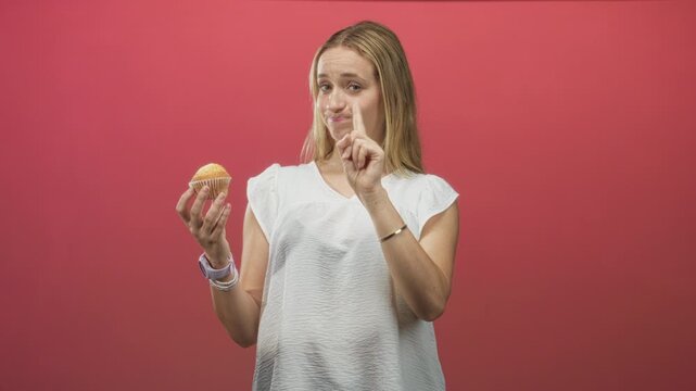 Woman blonde holding muffin in one hand, raises index finger and purses lips in studio with pink backdrop; skepticism restraint.