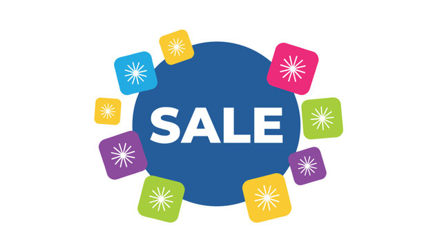 Colorful retail sale banner with dynamic round and square elements over clean white background.