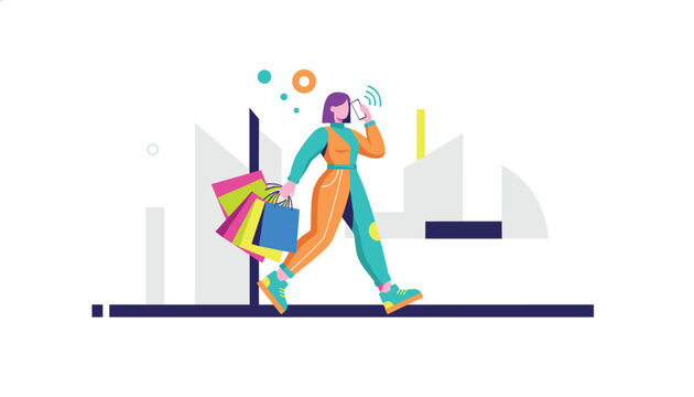 Young stylish woman carrying colorful shopping bags and talking on her smartphone against a minimalist city background.