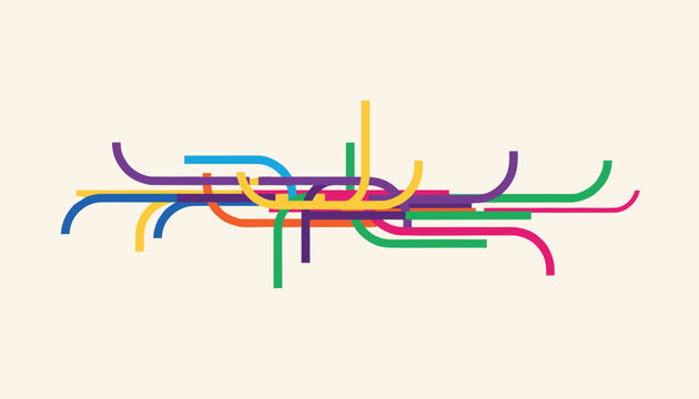 Complex transit network diagram featuring colorful curved tubes overlapping over a warm cream background.
