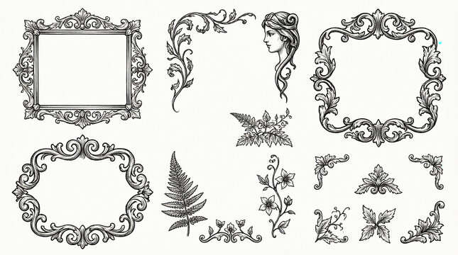 Set of various hand drawn vintage decorative design elements, frames, corners, and floral ornaments.