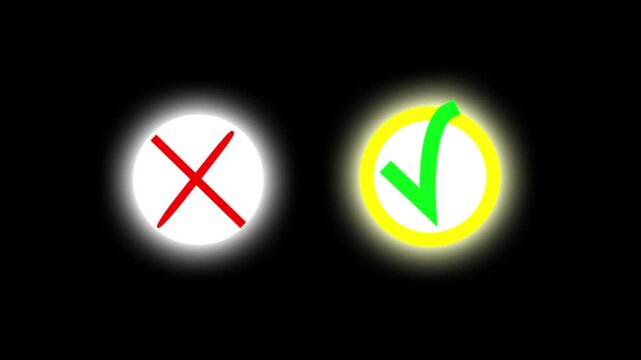 Glowing red x cross symbol and green check mark icon 4k, circle status indicator animation, verified tick and reject error badge motion graphic overlay black background