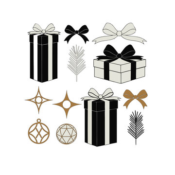 Set of Christmas gift boxes, ribbons, stars, and baubles in black, white, and gold, vector illustration style vek023