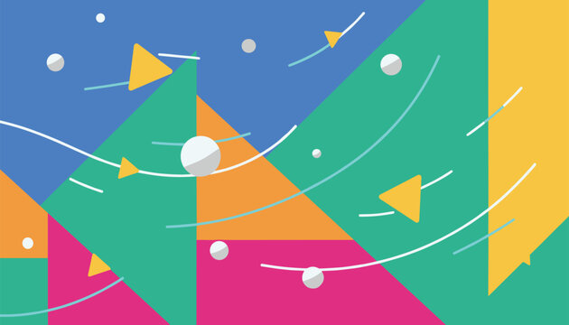 Cosmic abstract geometric illustration with colored triangles and white circles flying in different directions.