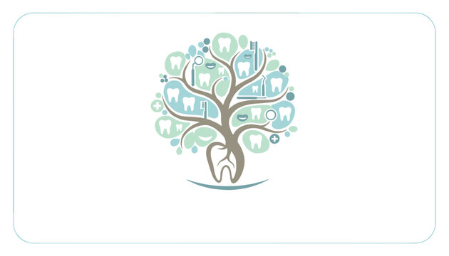 Dental healthcare logo design of a tree where leaves and branches are composed of teeth and dental tools.