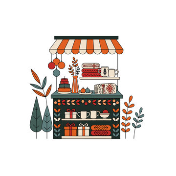 Cozy Outdoor Craft Market Stall with Handmade Gifts Textiles and Sweets Flat Illustration