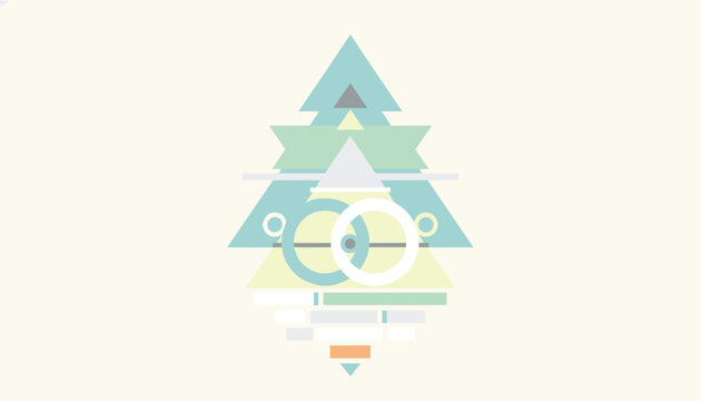 Minimalist geometric compositions resembling a spruce tree made of pastel triangles and interlocking circles.
