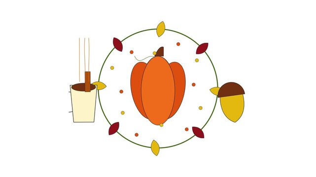 Autumn harvest animation with pumpkin, acorn, and hot drink in flat vector style