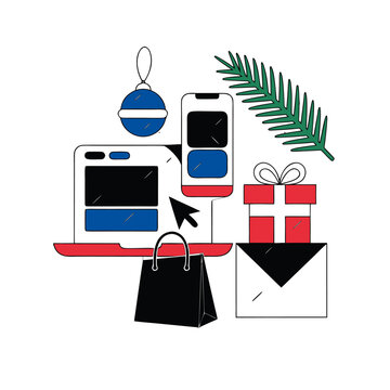 Flat Vector Illustration of Online Holiday Shopping with Laptop, Smartphone, Gift Box, Shopping Bag, and Christmas Decoration