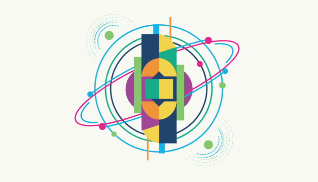 Abstract geometric composition with interlocking colored rectangles and planetary orbit lines over cream background.