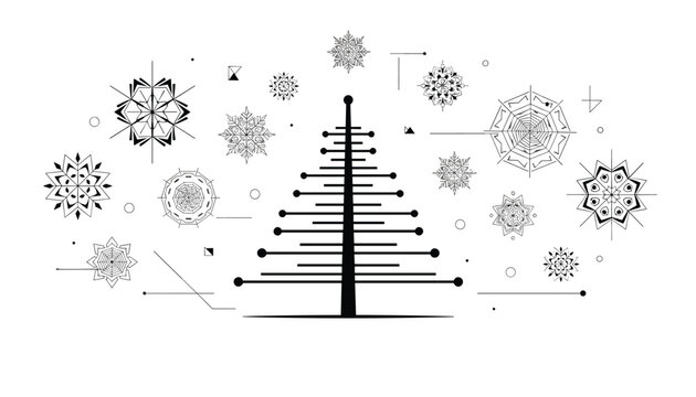 Minimalist mechanical Christmas tree surrounded by intricate technical geometric snowflakes on a white background.
