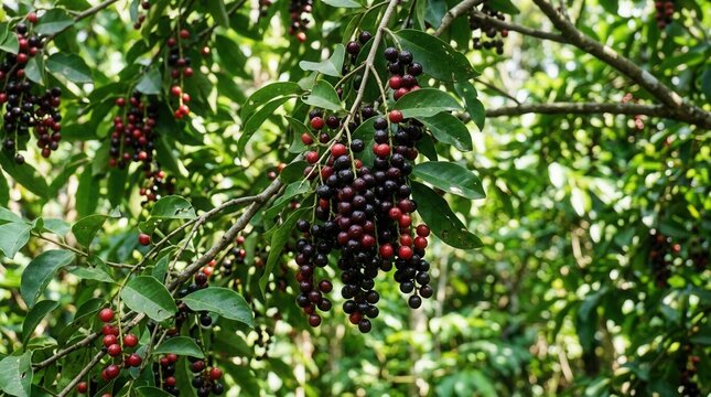 Buni Fruit Clusters Hang from Lush Green Branches in Tropical Forest