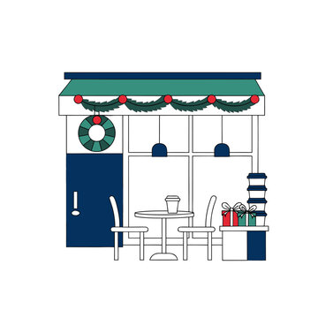 Festive coffee shop storefront decorated with Christmas garlands and wreath, featuring outdoor seating and gift boxes in minimalist vector style