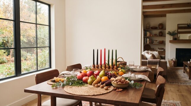Kwanzaa table setting with mishumaa saba candles and wooden kinara candle holder harvest crops centerpiece african american holiday celebration
