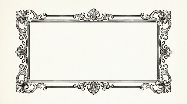Hand drawn rectangular vintage frame with elegant scrollwork and floral elements on light background.