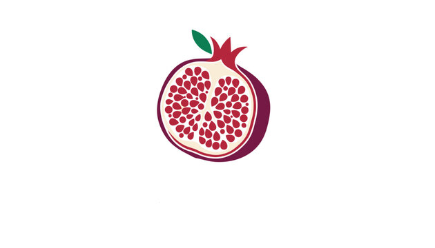 Detailed clean illustration of a cut pomegranate showcasing red juicy seeds and a green leaf on a white background.