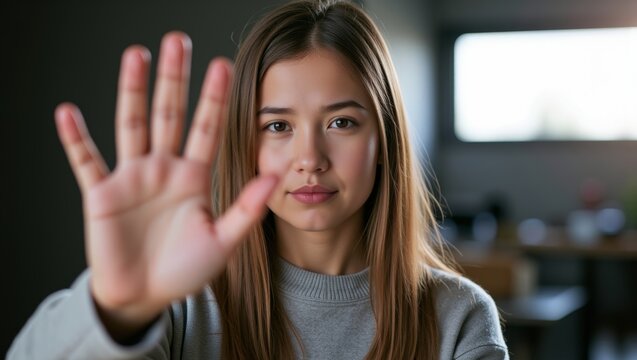 Serious young woman holding up an open palm, expressing refusal or a limit, establishing a clear personal boundary