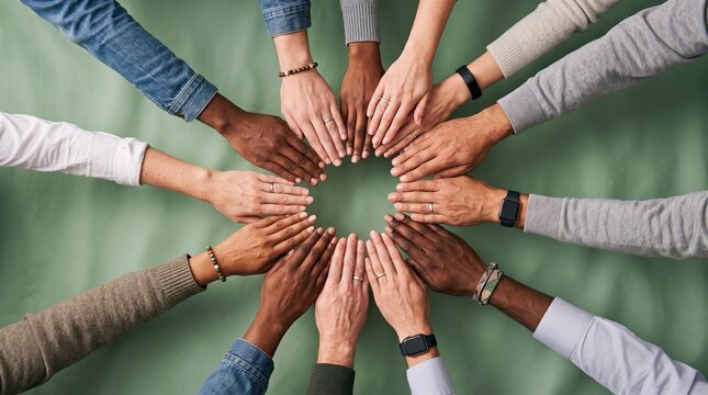 Diverse group of hands reaching into the center creating unity and teamwork