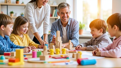 Obraz premium Happy children and teachers interacting, building with wooden blocks on a table, representing early childhood education and development