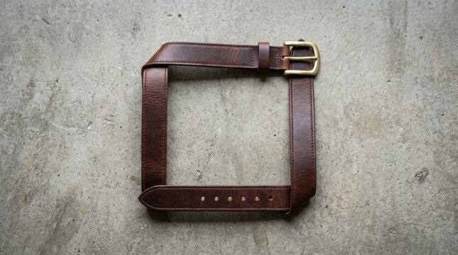 A brown leather belt forms a perfect square on a rough concrete surface. Top view shows the buckle and strap details.