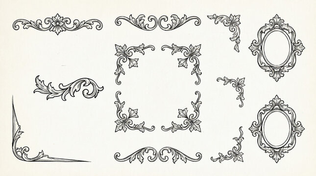 Ornate vintage floral ornaments, frames, and decorative elements in rococo style.