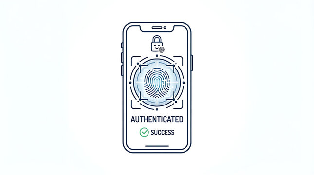 A digital smartphone illustration showing successful biometric fingerprint authentication on a clean white background