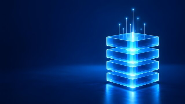 Glowing futuristic data server block emitting upward light beams on dark background