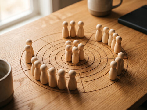 Wooden Peg Figures Standing In Concentric Circles Social Network Concept