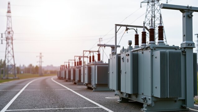 Electricity substation featuring row of large transformers connected to a power grid, generating and distributing energy