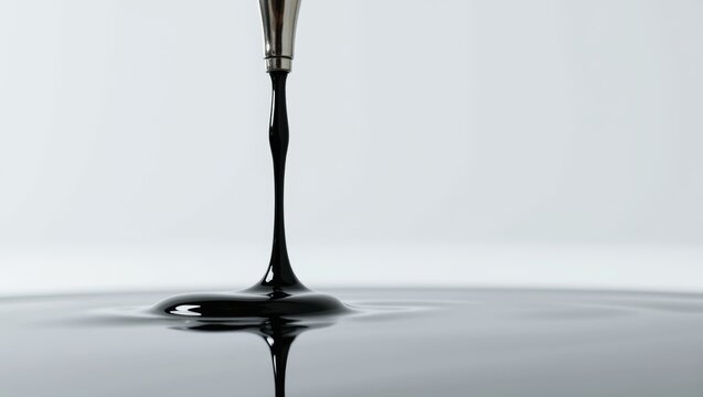 Black viscous liquid pouring from a metallic tip onto a still surface, creating ripples and reflections