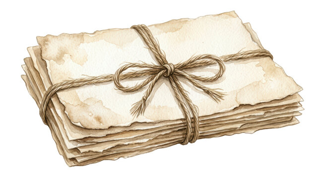 A stack of old vintage letters isolated on transparent background