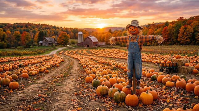 Pumpkin Patch Field With Many Pumpkins And Scarecrow At Sunset Autumn Harvest