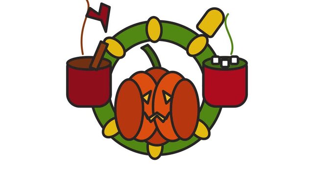 Halloween pumpkin wreath with hot cocoa mugs and holiday icons animation vector illustration