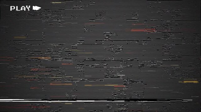  vhs rewind glitch effect  Text play VHS crt screen digital glitch. Videotape. Black background  static noise. 4k video