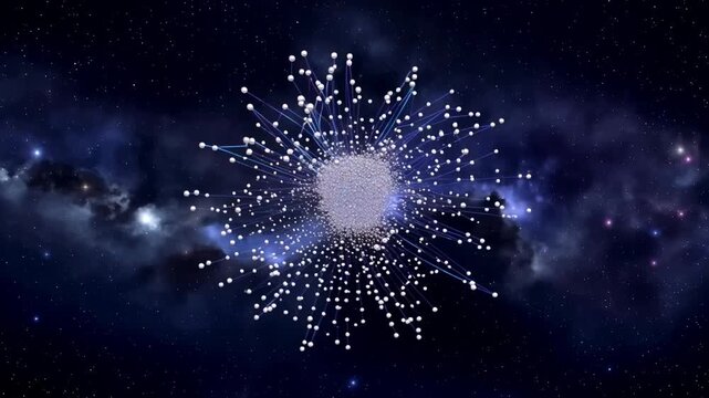 Abstract digital particle sphere expands through glowing blue network lines and floating metallic nodes in deep space, futuristic technology animation with luminous energy core