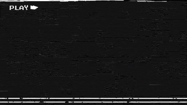  Retro vhs play text , Vcr vhs play overlay  Analog Static Noise crt overlay. Horizontal stripes offset . VHS play  Glitch No signal white noise artifacts.  Distorted VCR 4k video