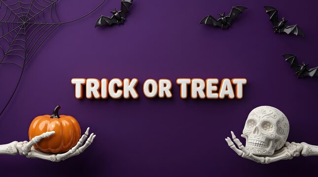 Festive halloween background featuring trick or treat text with skeleton hands holding a pumpkin and a human skull decoration